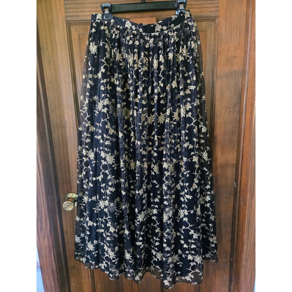 Dana Buchman Luxe Black Gold Floral Embroidered Mesh Maxi Skirt Formal 29"waist - Picture 1 of 5
